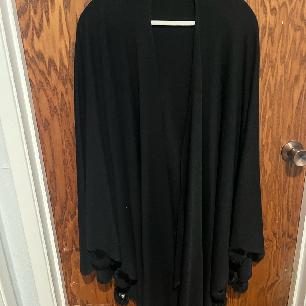 Elegant Black Shawl with Pom Pom Trim